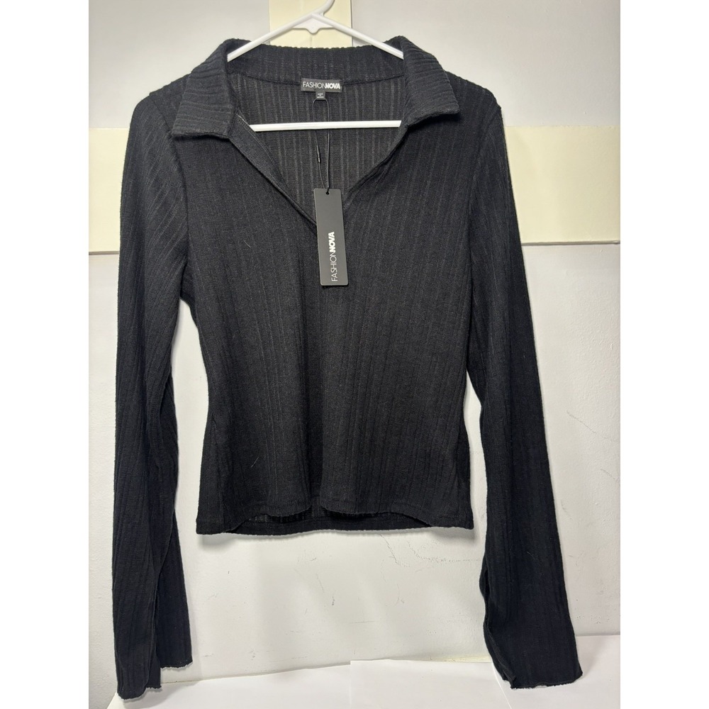 Fashion Nova Monday Reports Long Sleeve Polo Top Black Ribbed V-Neck XL PTA8888